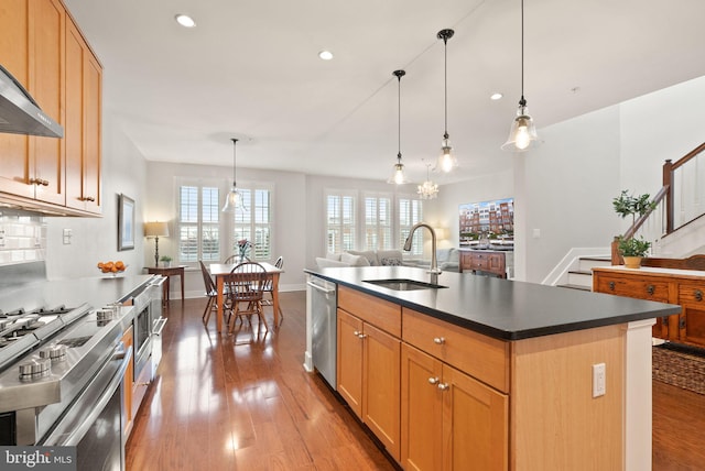 kitchen with appliances with stainless steel finishes, a kitchen island with sink, hanging light fixtures, light hardwood / wood-style flooring, and sink