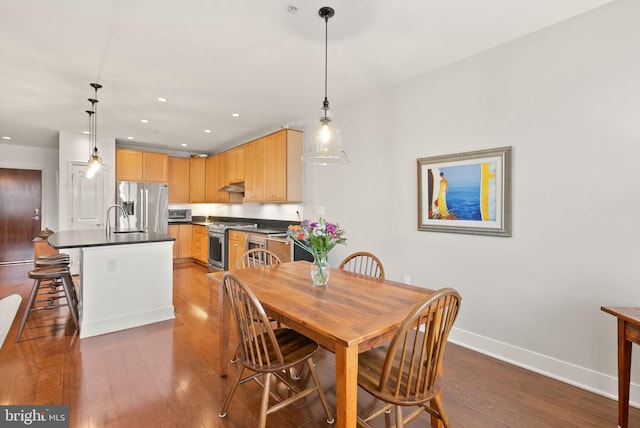 dining area featuring dark wood-type flooring and sink