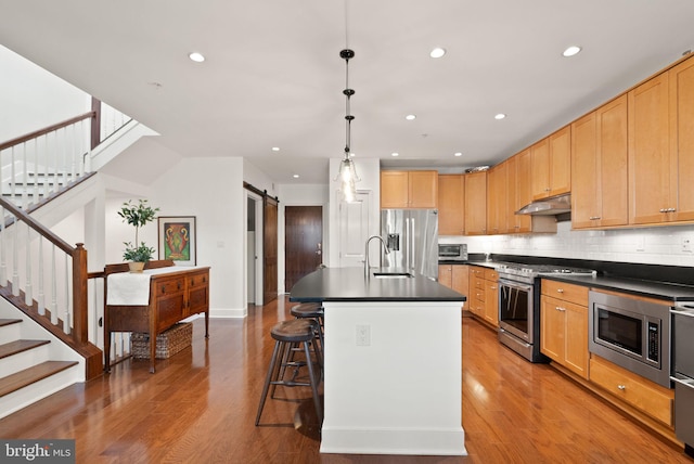 kitchen with a barn door, appliances with stainless steel finishes, a kitchen island with sink, light wood-type flooring, and hanging light fixtures