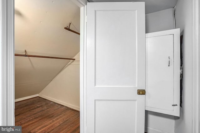 walk in closet featuring dark wood-type flooring