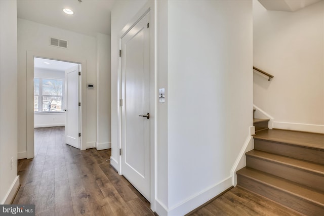 3234 Royal Fern Pl, Rockville, MD 20852 - hallway featuring stairway, wood finished floors, baseboards, visible vents, and recessed lighting