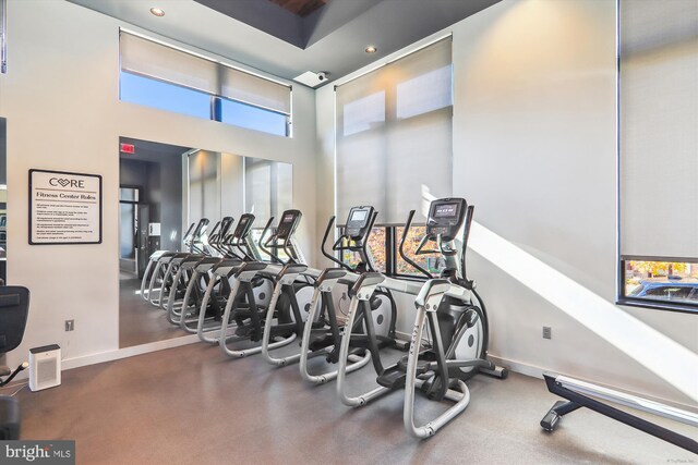 3234 Royal Fern Pl, Rockville, MD 20852 - gym with baseboards, a towering ceiling, and recessed lighting