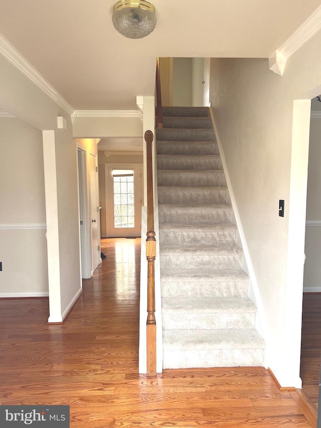 staircase with hardwood / wood-style flooring and ornamental molding