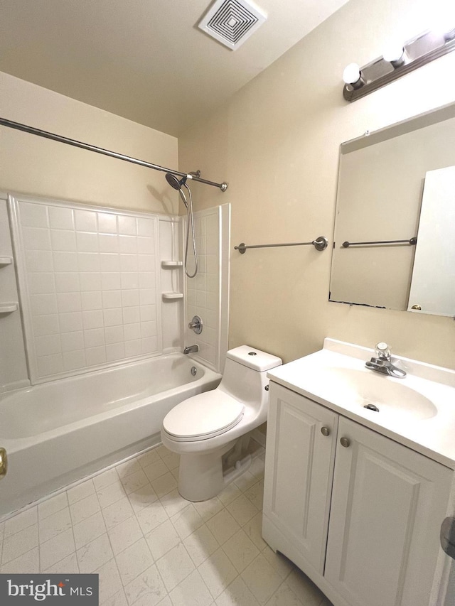 full bathroom with toilet, vanity, and bathing tub / shower combination