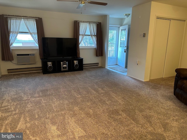 unfurnished living room featuring a baseboard heating unit, ceiling fan, carpet, and a wall mounted AC