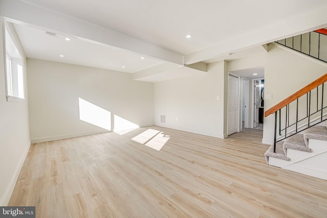 unfurnished living room with beam ceiling and light hardwood / wood-style floors