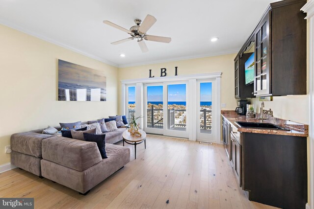 living room featuring crown molding, light hardwood / wood-style floors, and ceiling fan