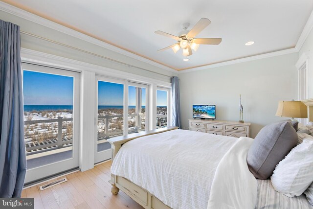 bedroom with crown molding, ceiling fan, light hardwood / wood-style flooring, and access to outside