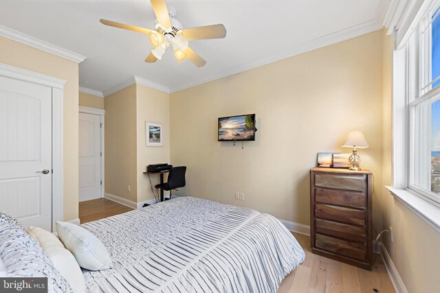 bedroom featuring crown molding, ceiling fan, and light wood-type flooring