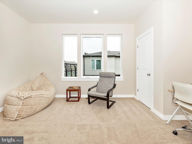 living area featuring light carpet