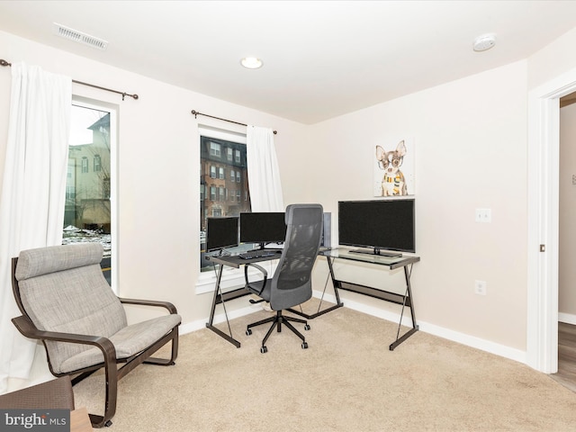 view of carpeted home office