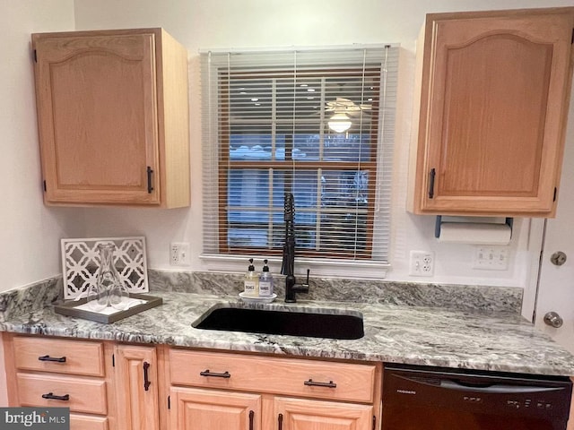 kitchen with light brown cabinets and black dishwasher