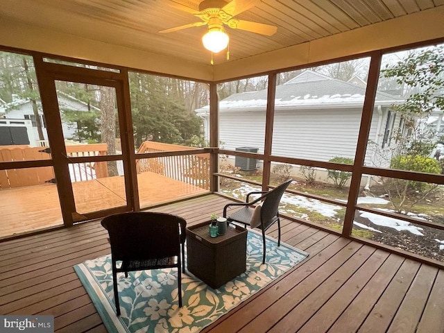 sunroom / solarium featuring ceiling fan