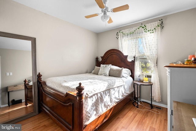 bedroom featuring ceiling fan and light hardwood / wood-style floors