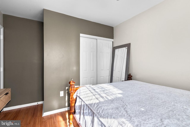 bedroom with hardwood / wood-style flooring and a closet