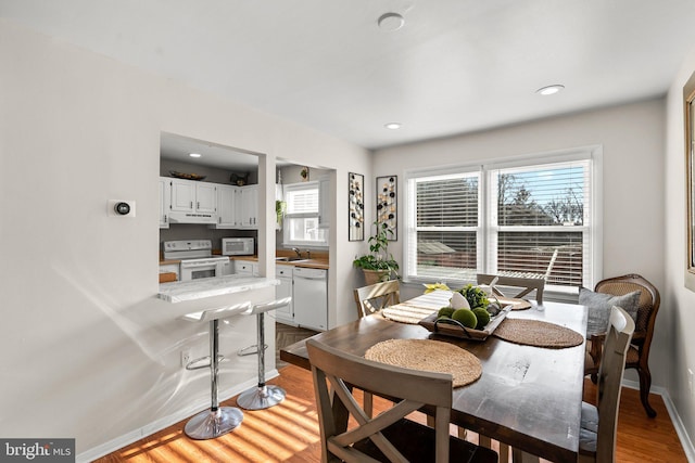 dining space featuring sink and light wood-type flooring