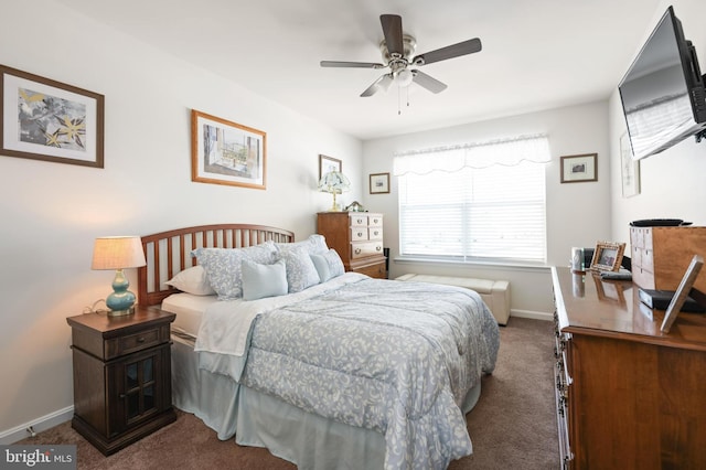 bedroom featuring ceiling fan and dark carpet