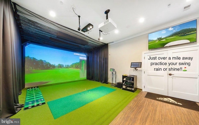 game room with wood-type flooring and golf simulator