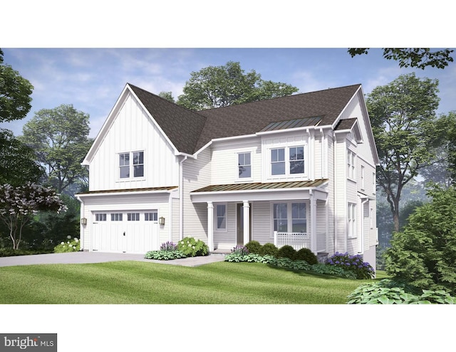 view of front of house with a front yard, covered porch, and a garage