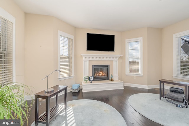 living room with plenty of natural light and dark hardwood / wood-style floors