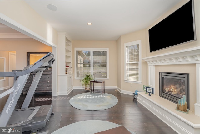 workout room featuring ornamental molding and dark hardwood / wood-style floors