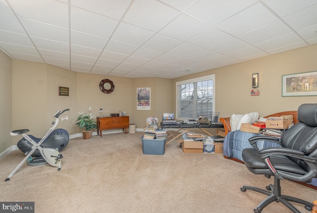 carpeted office space featuring a drop ceiling