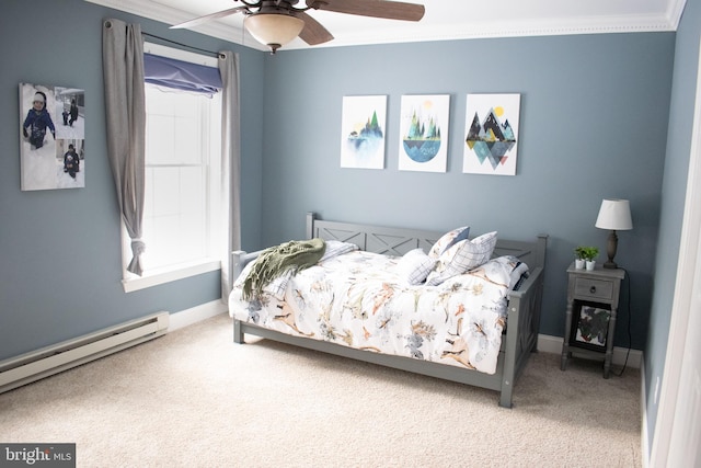 carpeted bedroom featuring ceiling fan, baseboard heating, multiple windows, and ornamental molding