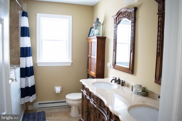 bathroom featuring baseboard heating, walk in shower, vanity, and toilet