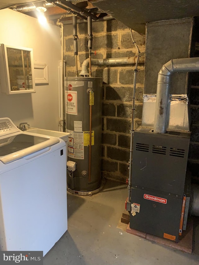 utility room with washer / dryer, water heater, and heating unit