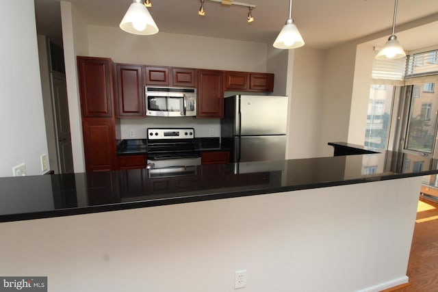 kitchen featuring appliances with stainless steel finishes, pendant lighting, and hardwood / wood-style flooring