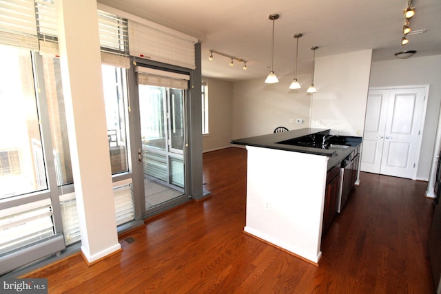 kitchen featuring dark wood-type flooring, pendant lighting, and sink