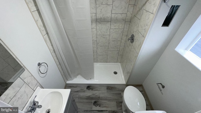 bathroom with walk in shower, vanity, and toilet