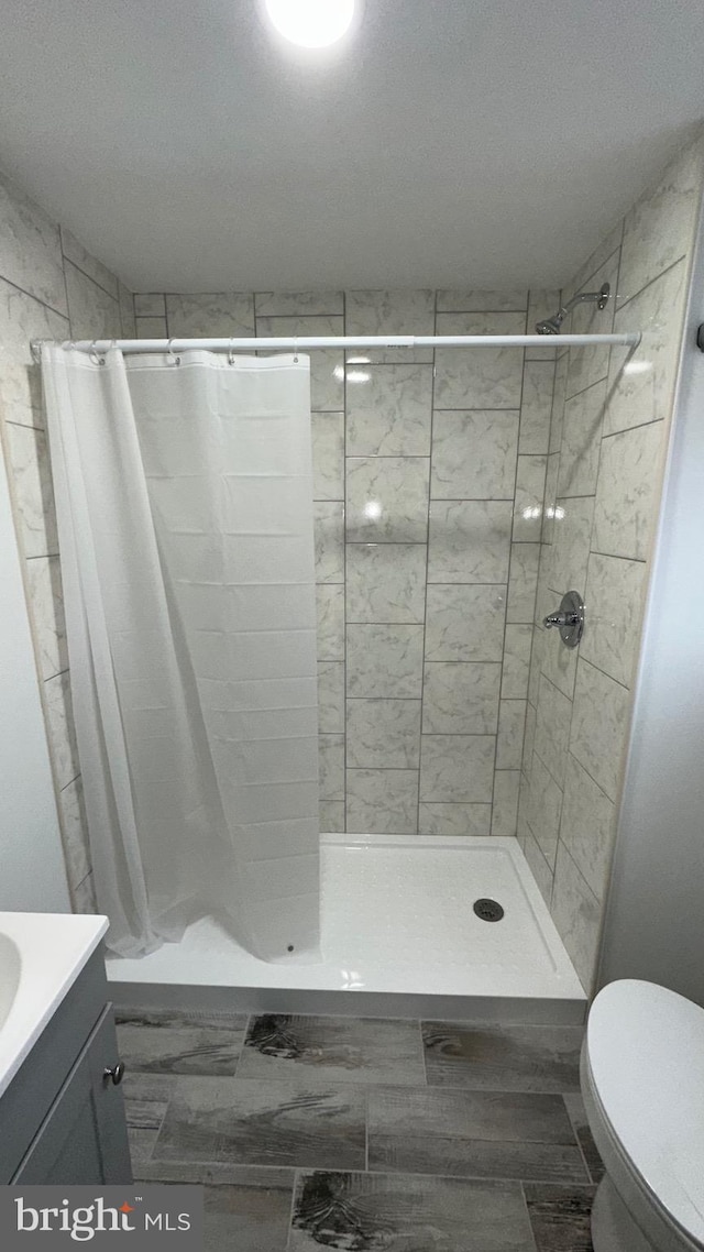 bathroom featuring toilet, vanity, and a shower with curtain