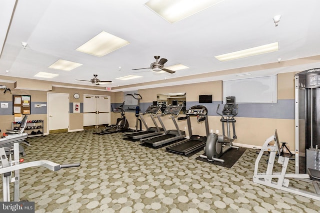 workout area with ceiling fan