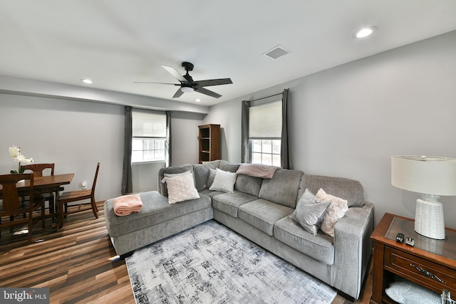 living room with a wealth of natural light and ceiling fan