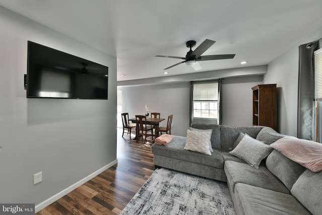 living room featuring ceiling fan and dark hardwood / wood-style flooring