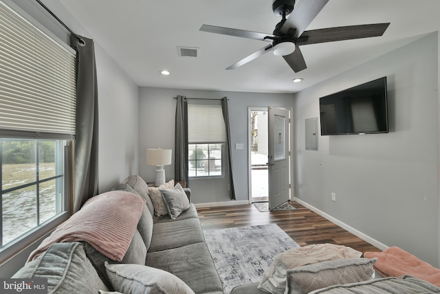 living room featuring ceiling fan, a healthy amount of sunlight, and dark hardwood / wood-style flooring