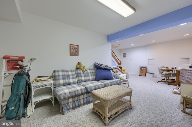 living area with recessed lighting and carpet