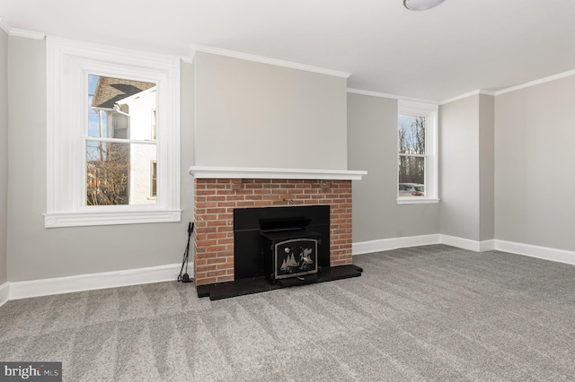 unfurnished living room with light colored carpet and crown molding