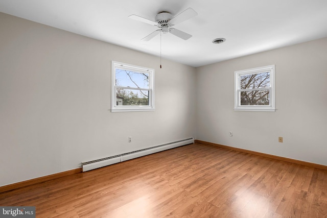 unfurnished room with ceiling fan, light hardwood / wood-style floors, and a baseboard heating unit