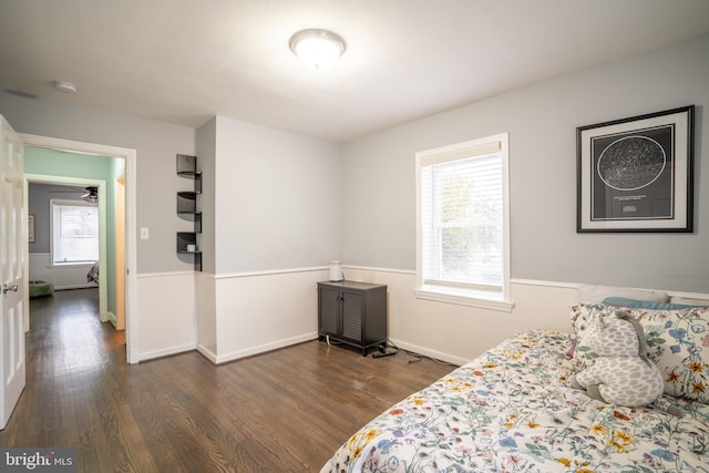 bedroom featuring multiple windows and dark wood-type flooring