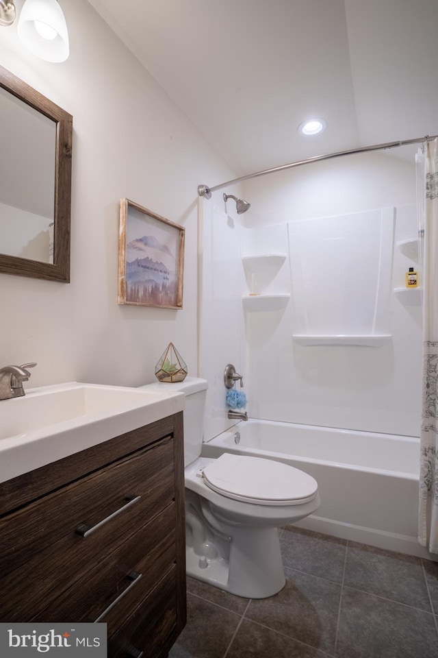 full bathroom with tile patterned flooring, vanity, shower / bathtub combination with curtain, and toilet