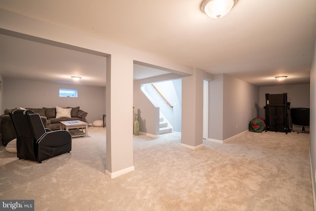 living room featuring light colored carpet