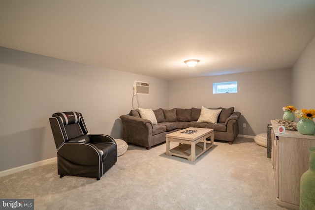 living room with light carpet and a wall unit AC