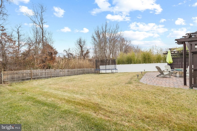 view of yard featuring a trampoline and a patio area