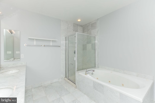 bathroom featuring vanity, tile patterned floors, and shower with separate bathtub