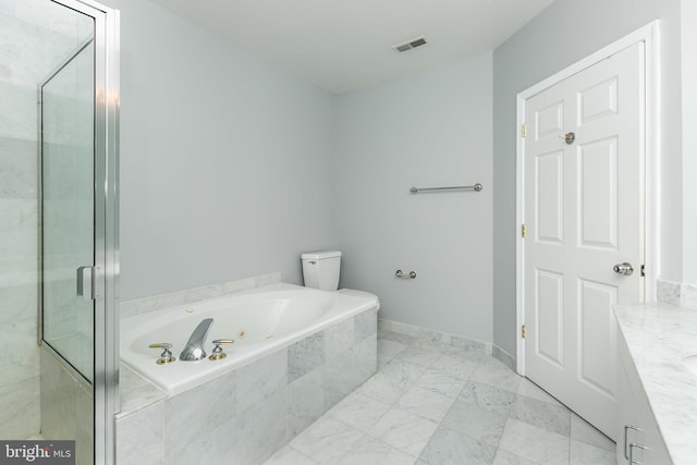 full bathroom featuring toilet, vanity, and shower with separate bathtub