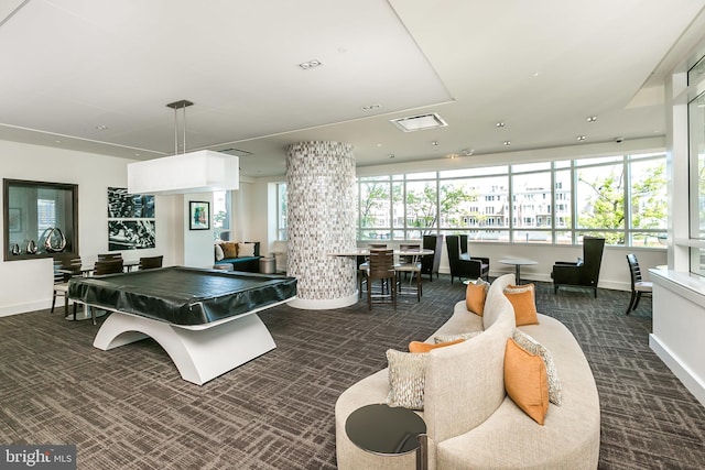 recreation room with dark carpet and billiards