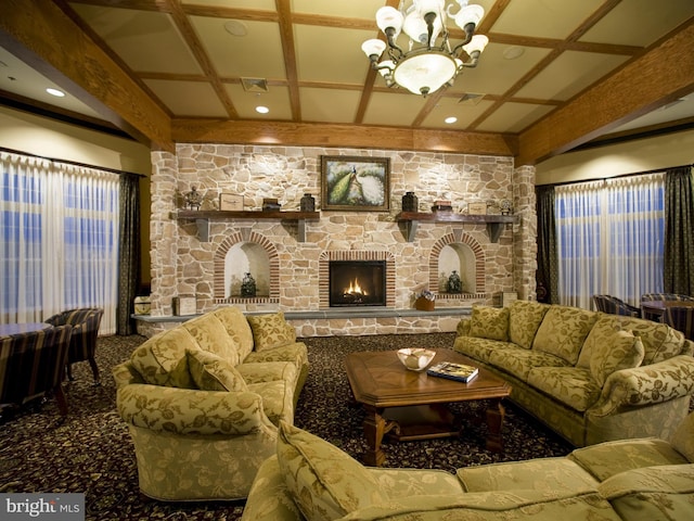 living room featuring coffered ceiling, a fireplace, and beam ceiling