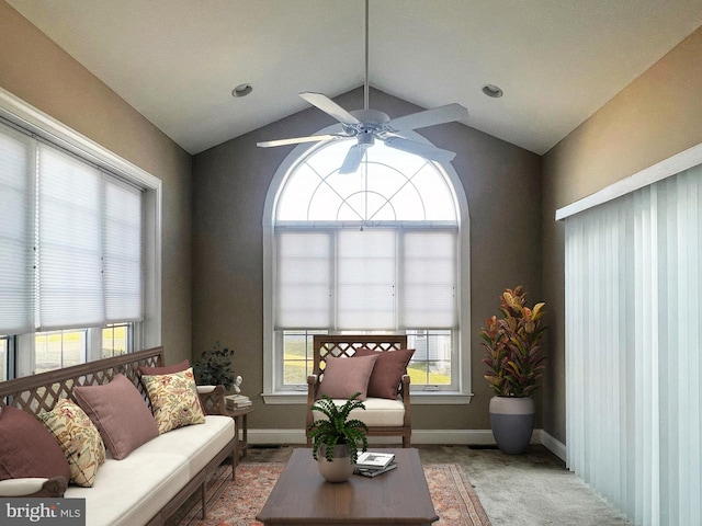 living room featuring vaulted ceiling and ceiling fan